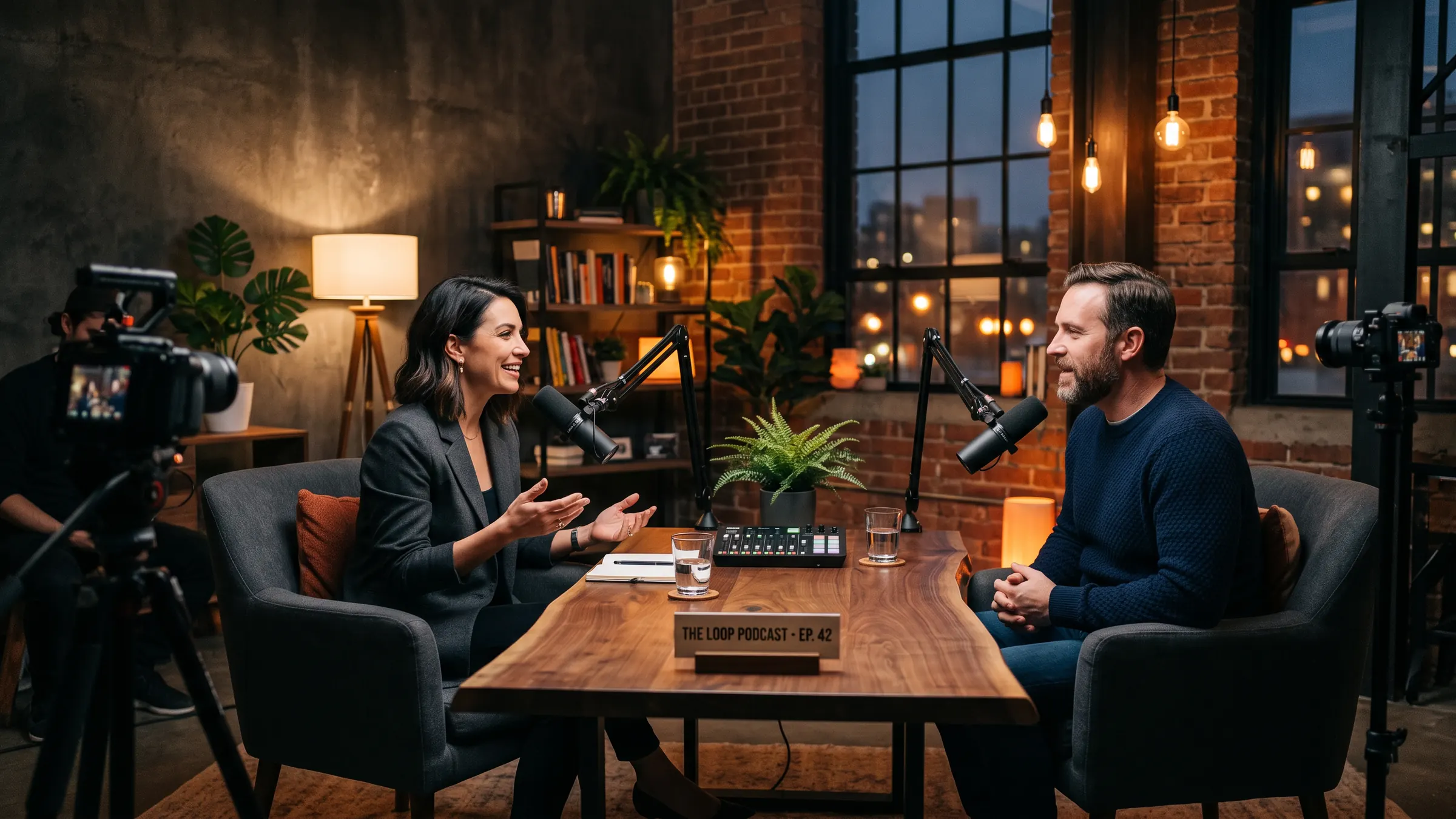 Dos personas conversando frente a micrófonos profesionales durante la grabación de un vídeo podcast, con tres cámaras alrededor de la mesa